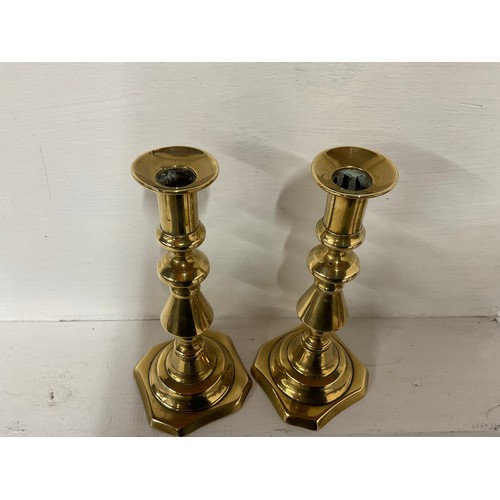 24 - LARGE EARLY BRASS JAM PAN A SMALLER EXAMPLE A BRASS SHELL CASE VICTORIAN BRASS CANDLESTICKS