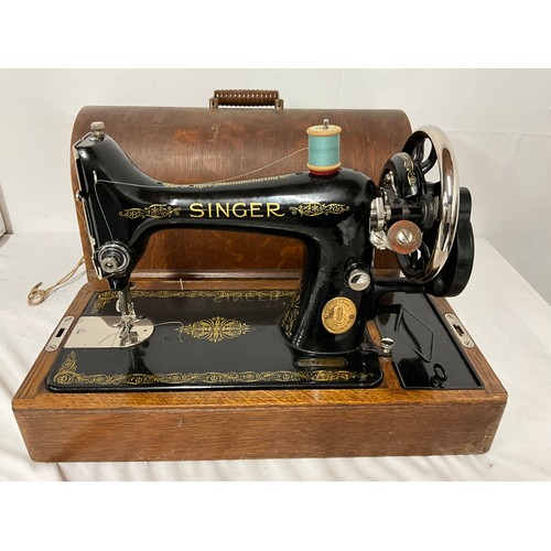 38 - VINTAGE SINGER HAND SEWING MACHINE IN CASE WITH KEY