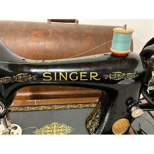 38 - VINTAGE SINGER HAND SEWING MACHINE IN CASE WITH KEY