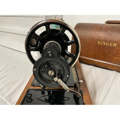 38 - VINTAGE SINGER HAND SEWING MACHINE IN CASE WITH KEY