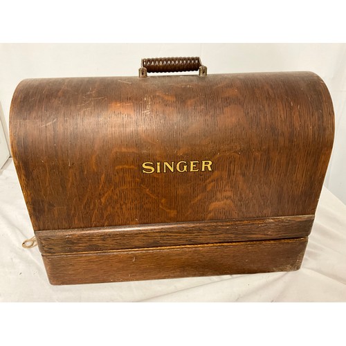 38 - VINTAGE SINGER HAND SEWING MACHINE IN CASE WITH KEY