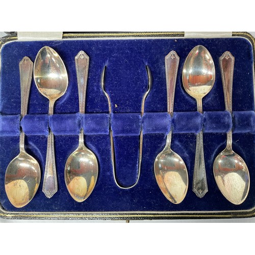 63 - HALLMARKED SILVER CASED SET OF 6 TEA SPOONS AND TONGS