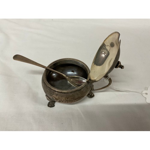 64 - HALLMARKED SILVER MARSTARD POT AND PAIR OF BLUE LINED SALTS COMPLETE WITH THERE SPOONS