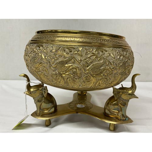 78 - INDIAN BRASS TABLE CENTRE BOWL ON STAND SUPPORTED BY ELEPHANTS PAIR OF VICTORIAN BRASS CANDLESTICKS ... 