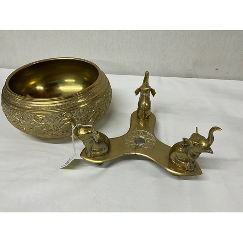 78 - INDIAN BRASS TABLE CENTRE BOWL ON STAND SUPPORTED BY ELEPHANTS PAIR OF VICTORIAN BRASS CANDLESTICKS ... 