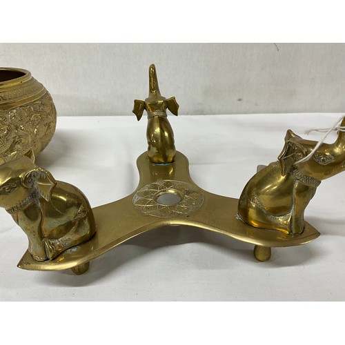 78 - INDIAN BRASS TABLE CENTRE BOWL ON STAND SUPPORTED BY ELEPHANTS PAIR OF VICTORIAN BRASS CANDLESTICKS ... 