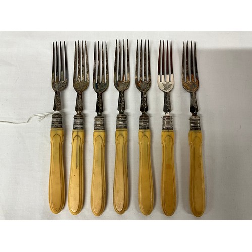 79 - 7 BONE HANDLED FORKS AND 5 ENGRAVED KNIVES A/F