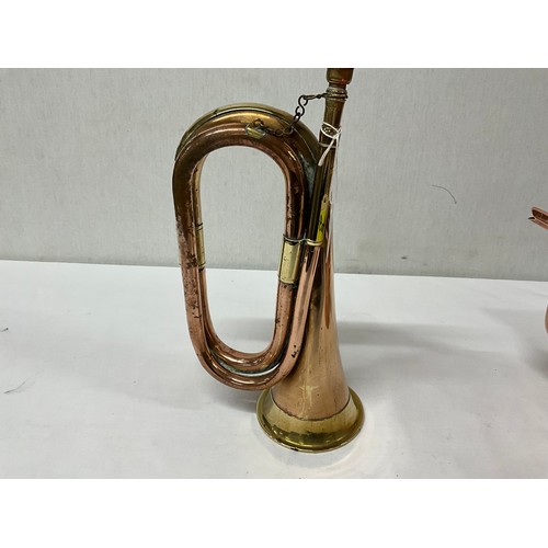 82 - COPPER AND BRASS BUGLE AND VICTORIAN COPPER KETTLE