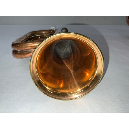 82 - COPPER AND BRASS BUGLE AND VICTORIAN COPPER KETTLE