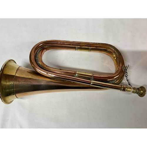 82 - COPPER AND BRASS BUGLE AND VICTORIAN COPPER KETTLE