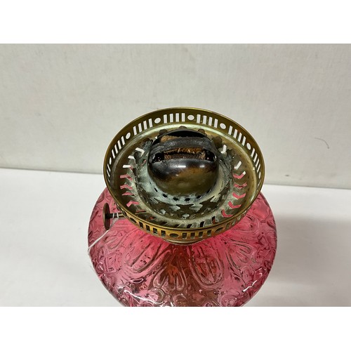 87 - VICTORIAN BRASS CORINTHAIN COLUMN OIL LAMP WITH RED GLASS BOWL AND SHADE COMPLETE WITH CHIMMNEY H26