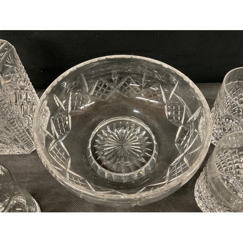 144 - BOX OF CUT GLASS ITEMS TO INCLIDE FRUIT BOWLS, DECANTERS ETC