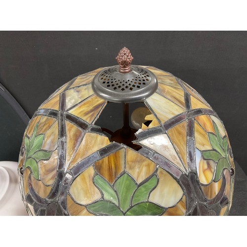 150 - TABLE LAMP WITH TIFFANY STYLE SHADE (BROKEN) AND AN ENAMEL REPRODUCTION LAMP SHADE