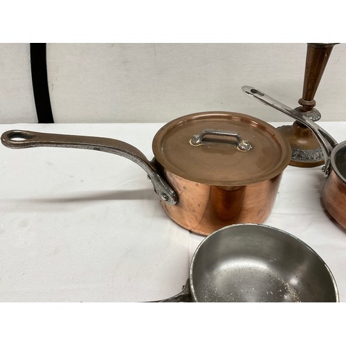 152 - BOX OF COPPER PANS ETC