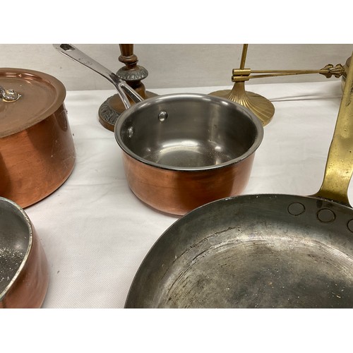 152 - BOX OF COPPER PANS ETC