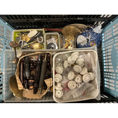 154 - TWO CRATES OF HANDLES, CLOCK PARTS ETC