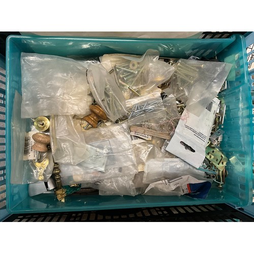 154 - TWO CRATES OF HANDLES, CLOCK PARTS ETC