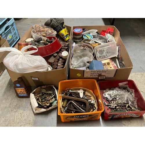 155 - TWO BOXES OF HARDWARE, HANDLES, FURNITURE STAINS ETC