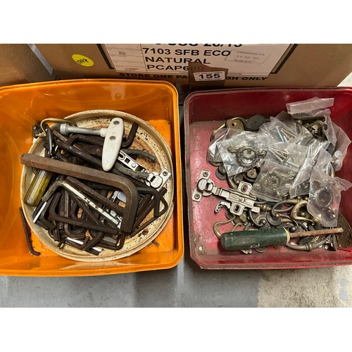 155 - TWO BOXES OF HARDWARE, HANDLES, FURNITURE STAINS ETC