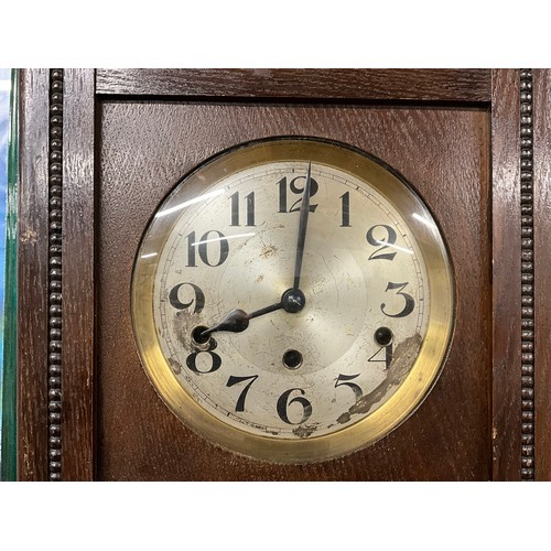 159 - VINTAGE OAK WALL CLOCK COMPLETE WITH KEY AND PENDULUM HEIGHT 30