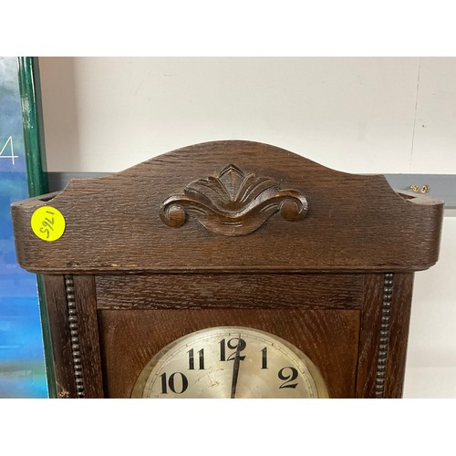 159 - VINTAGE OAK WALL CLOCK COMPLETE WITH KEY AND PENDULUM HEIGHT 30