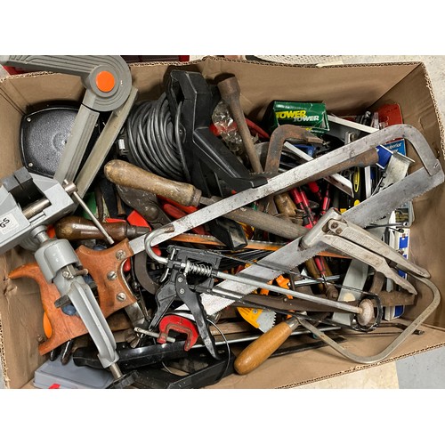 166 - BOX OF HARDWARE TOOLS, ELECTRIC FAN AND A SCREW ORGANISER CHEST