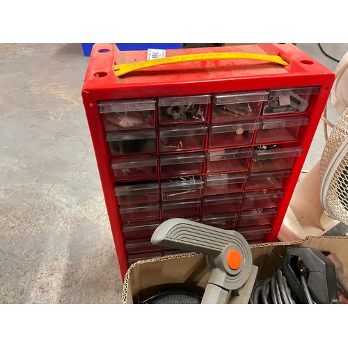 166 - BOX OF HARDWARE TOOLS, ELECTRIC FAN AND A SCREW ORGANISER CHEST