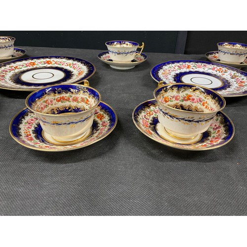 168 - QUANTITY OF VICTORIAN CUPS AND SAUCERS, TWO DINNER PLATES, COBOLT BLUE WITH FLORAL DECORATION (POSSI... 