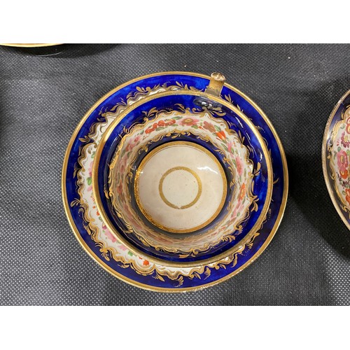 168 - QUANTITY OF VICTORIAN CUPS AND SAUCERS, TWO DINNER PLATES, COBOLT BLUE WITH FLORAL DECORATION (POSSI... 