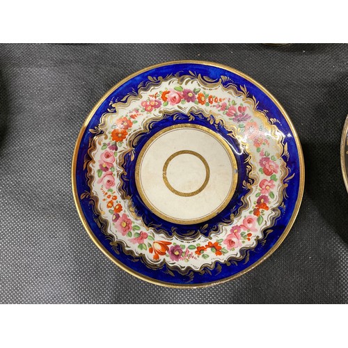 168 - QUANTITY OF VICTORIAN CUPS AND SAUCERS, TWO DINNER PLATES, COBOLT BLUE WITH FLORAL DECORATION (POSSI... 