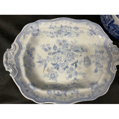 170 - BOX OF VICTORIAN BLUE AND WHITE CHINA TO INCLUDE MASONS JUG, SPODE BOWL, MEAT PLATES, TUREENS ETC