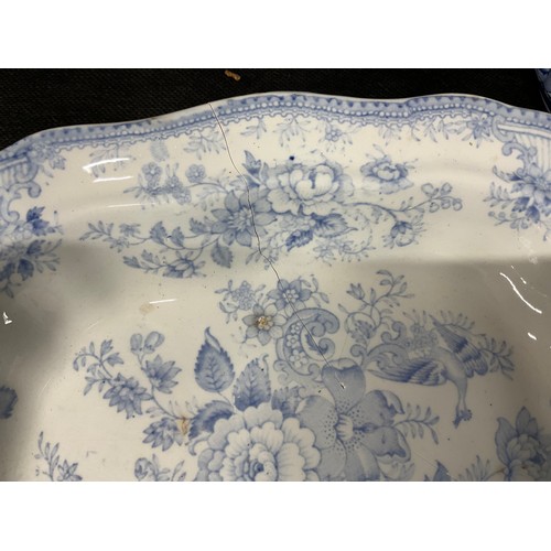 170 - BOX OF VICTORIAN BLUE AND WHITE CHINA TO INCLUDE MASONS JUG, SPODE BOWL, MEAT PLATES, TUREENS ETC