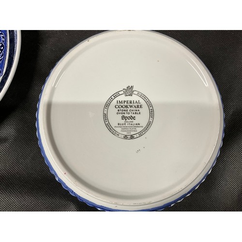 170 - BOX OF VICTORIAN BLUE AND WHITE CHINA TO INCLUDE MASONS JUG, SPODE BOWL, MEAT PLATES, TUREENS ETC