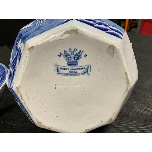 170 - BOX OF VICTORIAN BLUE AND WHITE CHINA TO INCLUDE MASONS JUG, SPODE BOWL, MEAT PLATES, TUREENS ETC