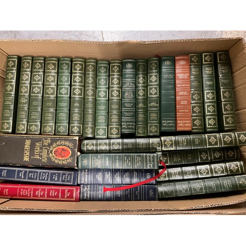 187 - TWO BOXES OF HARDBACK BOOKS TO INCLUDE CHARLES DICKENS, COMPLETE WORKS OF SHAKESPEARE ETC