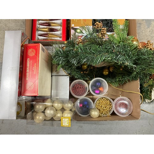 191 - TWO BOXES OF CHRISTMAS DECORATIONS TO INCLUDE BAUBLES, WREATHS ETC