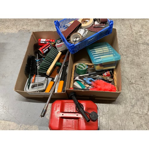 197 - TWO BOXES OF TOOLS TO INCLUDE SANDING BELTS, PAINT BRUSHES, SPANNERS, GARDENING TOOLS ETC