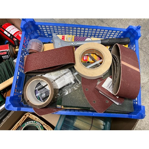 197 - TWO BOXES OF TOOLS TO INCLUDE SANDING BELTS, PAINT BRUSHES, SPANNERS, GARDENING TOOLS ETC