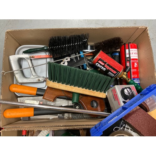 197 - TWO BOXES OF TOOLS TO INCLUDE SANDING BELTS, PAINT BRUSHES, SPANNERS, GARDENING TOOLS ETC