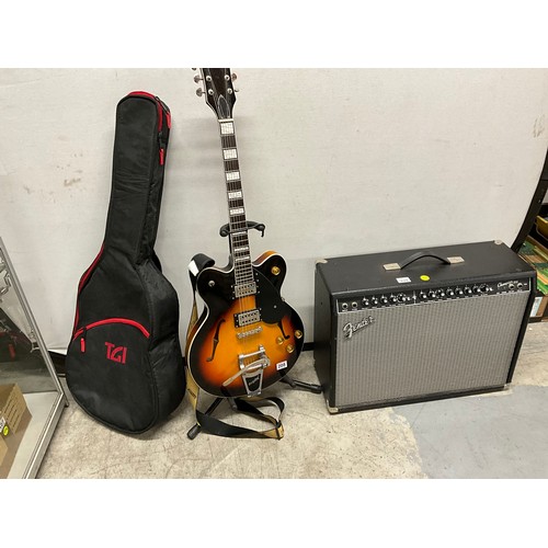 208 - GRETSCH ELECTRIC GUITAR AND FENDER CHAMPION 100 AMPLIFIER STAND AND CASE