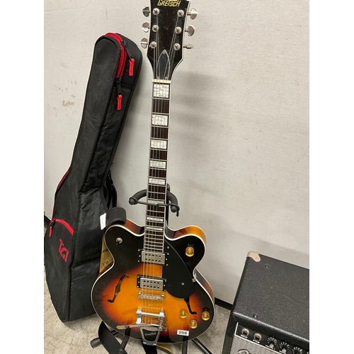 208 - GRETSCH ELECTRIC GUITAR AND FENDER CHAMPION 100 AMPLIFIER STAND AND CASE