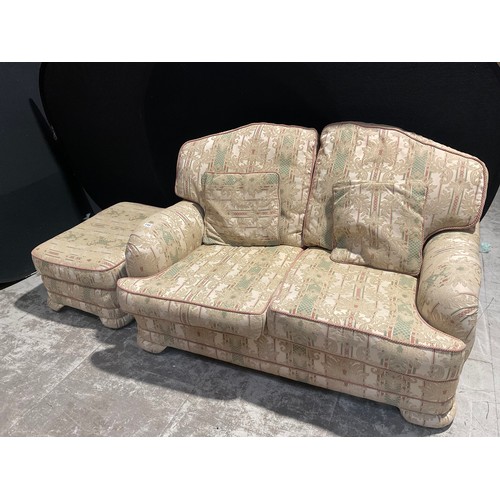 248 - 2 SEATER FABRIC SETTEE WITH SCATTER CUSHIONS AND MATCHING FOOT STOOL