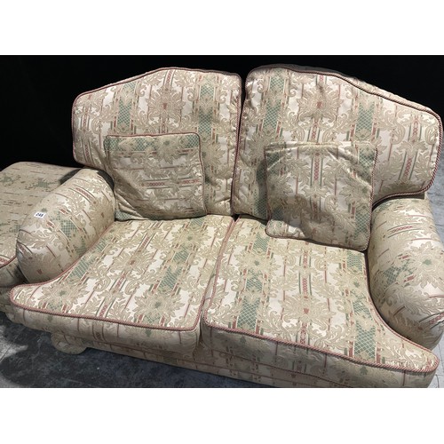 248 - 2 SEATER FABRIC SETTEE WITH SCATTER CUSHIONS AND MATCHING FOOT STOOL