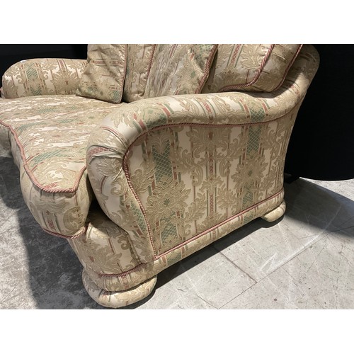 248 - 2 SEATER FABRIC SETTEE WITH SCATTER CUSHIONS AND MATCHING FOOT STOOL