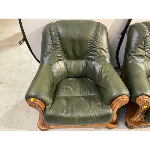 251 - 3 OAK FRAMED DUTCH STYLE   ARMCHAIRS WITH RACING GREEN LEATHER CUSHIONS