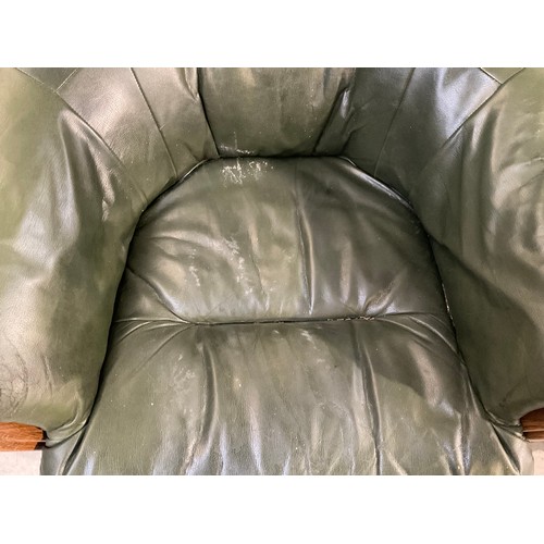 251 - 3 OAK FRAMED DUTCH STYLE   ARMCHAIRS WITH RACING GREEN LEATHER CUSHIONS