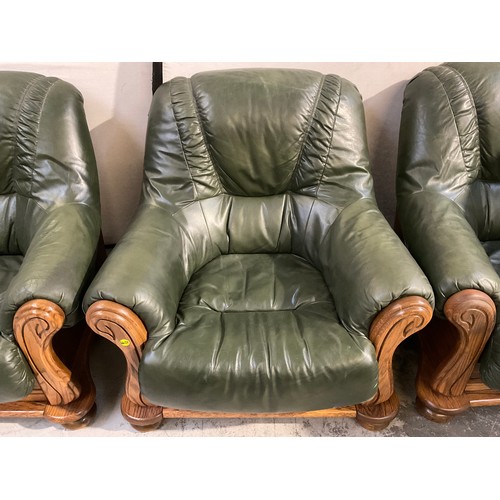 251 - 3 OAK FRAMED DUTCH STYLE   ARMCHAIRS WITH RACING GREEN LEATHER CUSHIONS