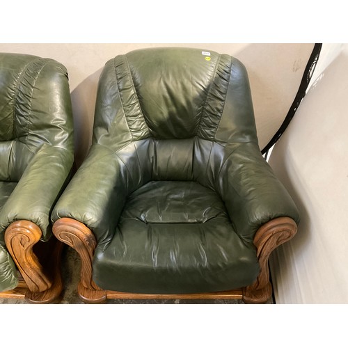 251 - 3 OAK FRAMED DUTCH STYLE   ARMCHAIRS WITH RACING GREEN LEATHER CUSHIONS