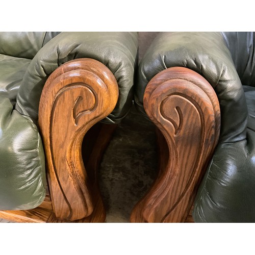 251 - 3 OAK FRAMED DUTCH STYLE   ARMCHAIRS WITH RACING GREEN LEATHER CUSHIONS