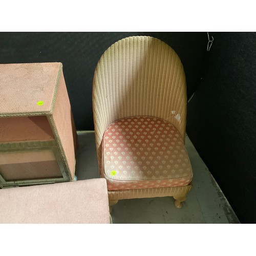 264 - VINTAGE PINK LLOYD LOOM BEDROOM CHAIR AND OTTOMAN ,VINTAGE WICKER PINK LINEN BOX AND BEDSIDE CABINET